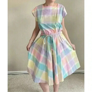 1980S PASTEL PLAID COTTON Vintage DRESS